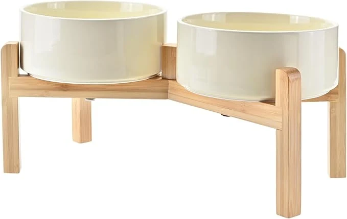 Traditional SPUNKYJUNKY d Dog Bowls Ceramic 7.3'' Dogs Food Water Bowls Raised with Non-Slip Bamboo Stand for Medium to Large Sized Breed Microwave Dishwasher Safe - 42 OZ BeigeAbout ThisOverview Prestigious