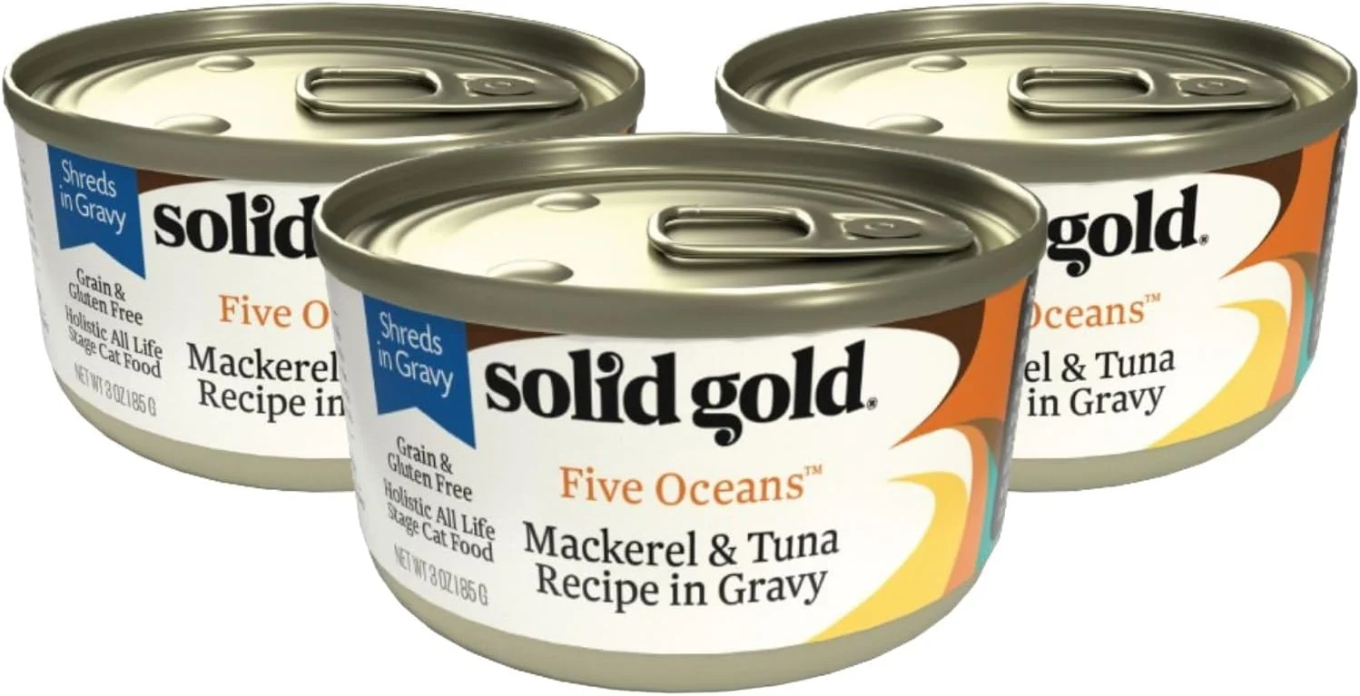 Healthy Five Oceans Solid Gold Wet Cat Food Shreds in Gravy - 3 Count Sample Pack - Tuna Mackerel Cat Food for All Ages - Grain Sensitive Stomach Luxury