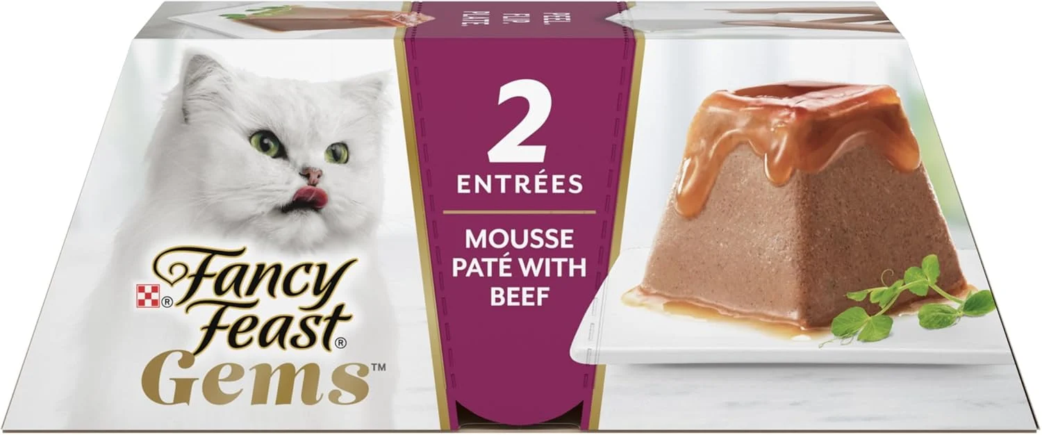 Next-Generation Fancy Feast Gems Pate Cat Food Mousse with Beef and a Halo of Savory Gravy Cat Food - Pack of 8 4 oz. Boxes Safe