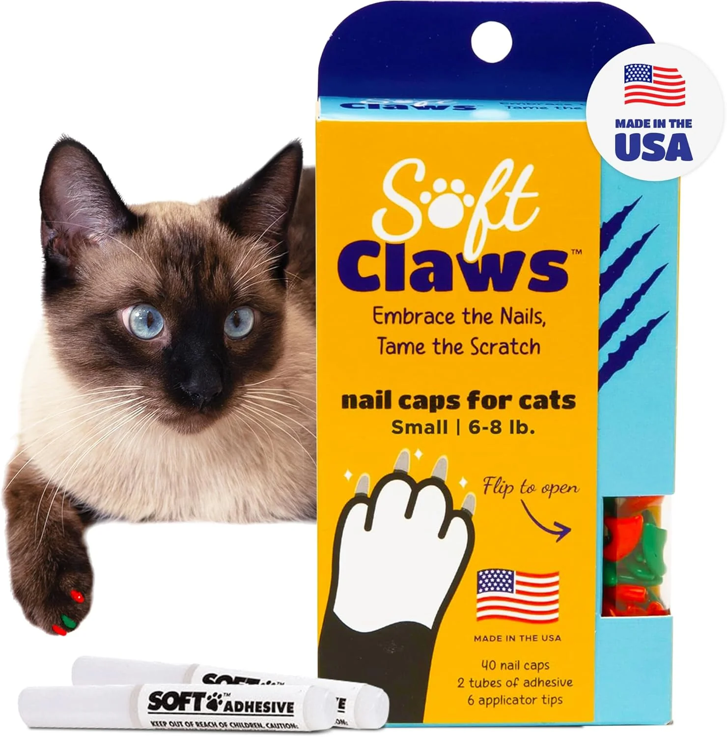 Soft Claws Cat Nail Caps for Small Cats – 40 Caps Green Red - Made in USA - Veterinarian-Developed Protects Furniture Skin - Easy to Apply Long-Lasting Anti-Scratch Soft Cat Claw Covers Powerful