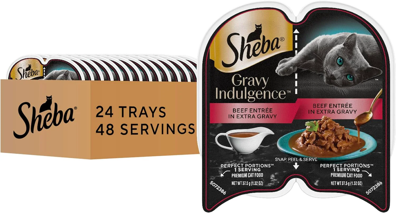 Powerful Sheba Gravy Indulgence Adult Wet Cat Food Beef Entree in Extra Gravy 2.6 oz. Twin-Pack Trays 24 Count 48 Servings Verified