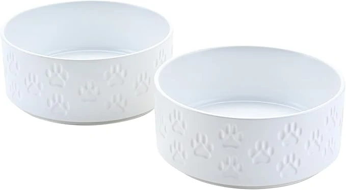 Smooth SPUNKYJUNKY Ceramic Dog Bowls 2 Pack 8.3'' Dog Food Water Double Feeding Bowls Non-Slip for Medium to Large Sized Breed Microwave Dishwasher Safe - 60 OZ 2pcs Paw WhiteAbout ThisOverview Exceptional