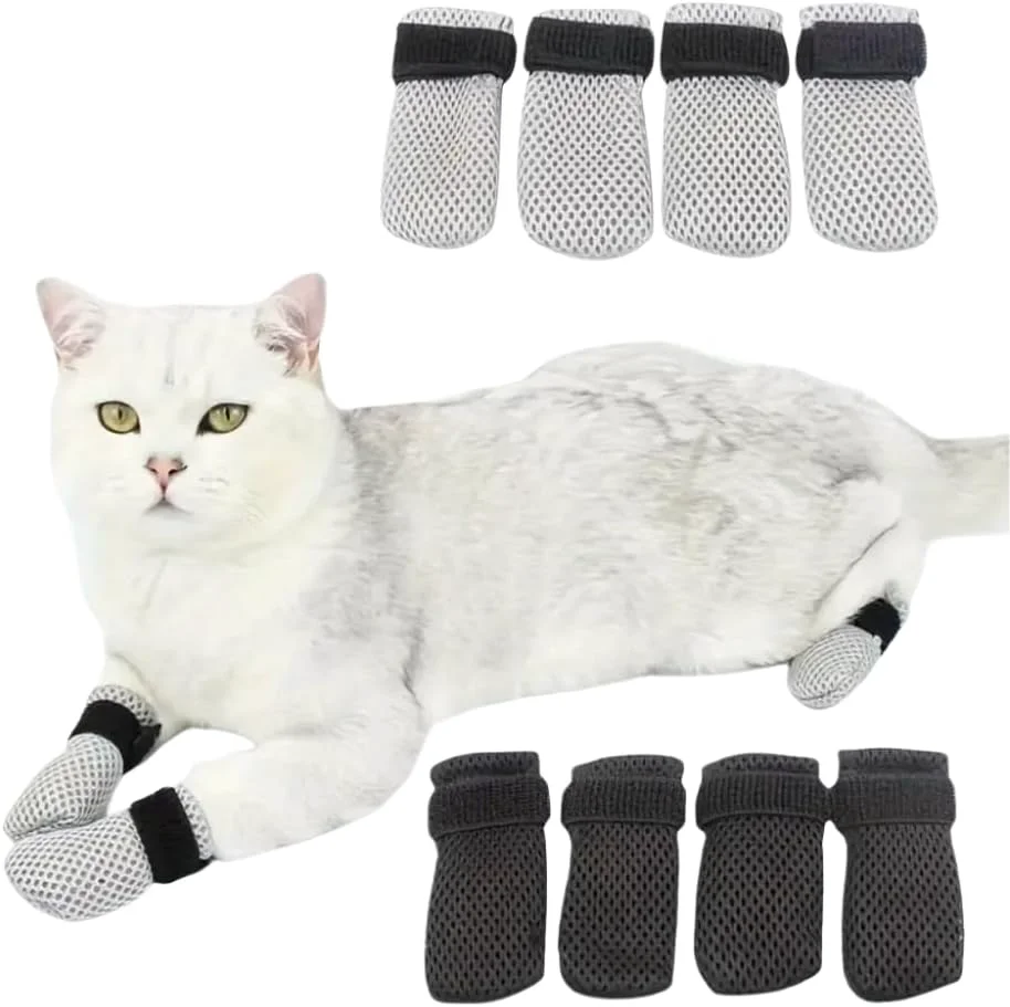 Specialty 8 Pack Cat Mittens to Prevent Scratching Adjustable Breathable Mesh Cat Booties Claw Covers - Anti Scratch Gloves for Bathing Nail Trimming - 4 Black 4 Grey Paw Inner Diameter up to 1.57 Inches Sophisticated