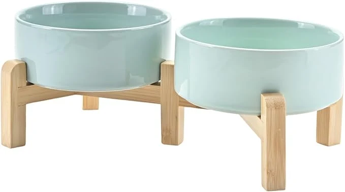 World-Class SPUNKYJUNKY d Dog Bowls Ceramic 5.1'' Dogs and Cat Food Water Bowls Raised with Non-Slip Bamboo Stand for Puppy Small Sized Breed Microwave Dishwasher Safe - 13.5 OZ Light GreenAbout ThisOverview Durable