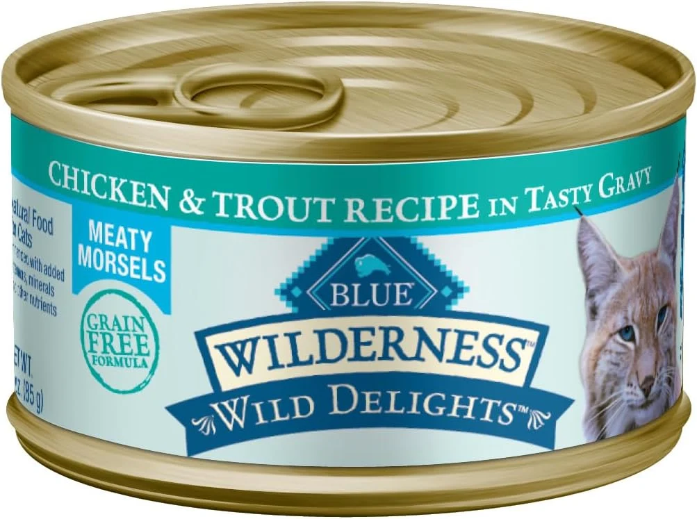 Durable Blue Buffalo Wilderness Wild Delights Meaty Morsels Wet Cat Food High-Protein Grain- Made with Natural Ingredients Chicken Trout Recipe in Tasty Gravy 3-oz. Cans 24 Count Original