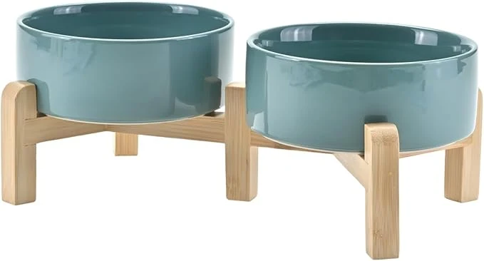 Traditional SPUNKYJUNKY d Dog Bowls Ceramic 5.1'' Dogs and Cat Food Water Bowls Raised with Non-Slip Bamboo Stand for Puppy Small Sized Breed Microwave Dishwasher Safe - 13.5 OZ Dark GreenAbout ThisOverview Original
