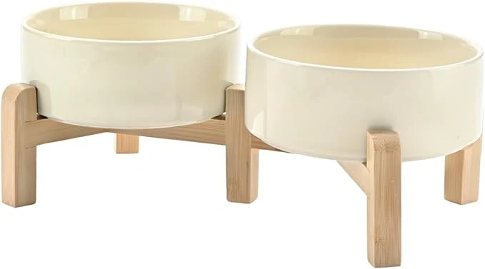Unique SPUNKYJUNKY d Dog Bowls Ceramic 5.1'' Dogs and Cat Food Water Bowls Raised with Non-Slip Bamboo Stand for Puppy Small Sized Breed Microwave Dishwasher Safe - 13.5 OZ BeigeAbout ThisOverview Genuine