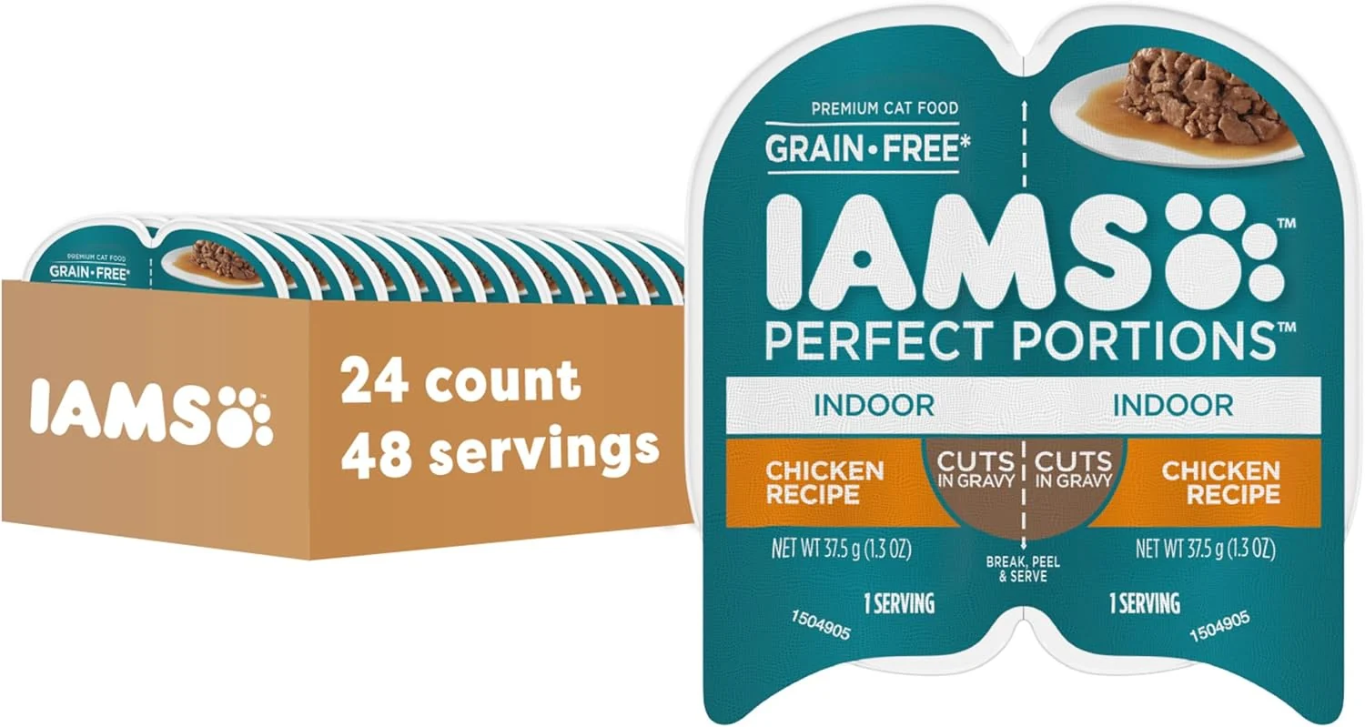 Flexible IAMS Portions Indoor Adult Wet Cat Food Cuts in Gravy Chicken Recipe 2.6 oz. Easy Peel Twin-Pack Trays 24 Count 48 Servings Premium