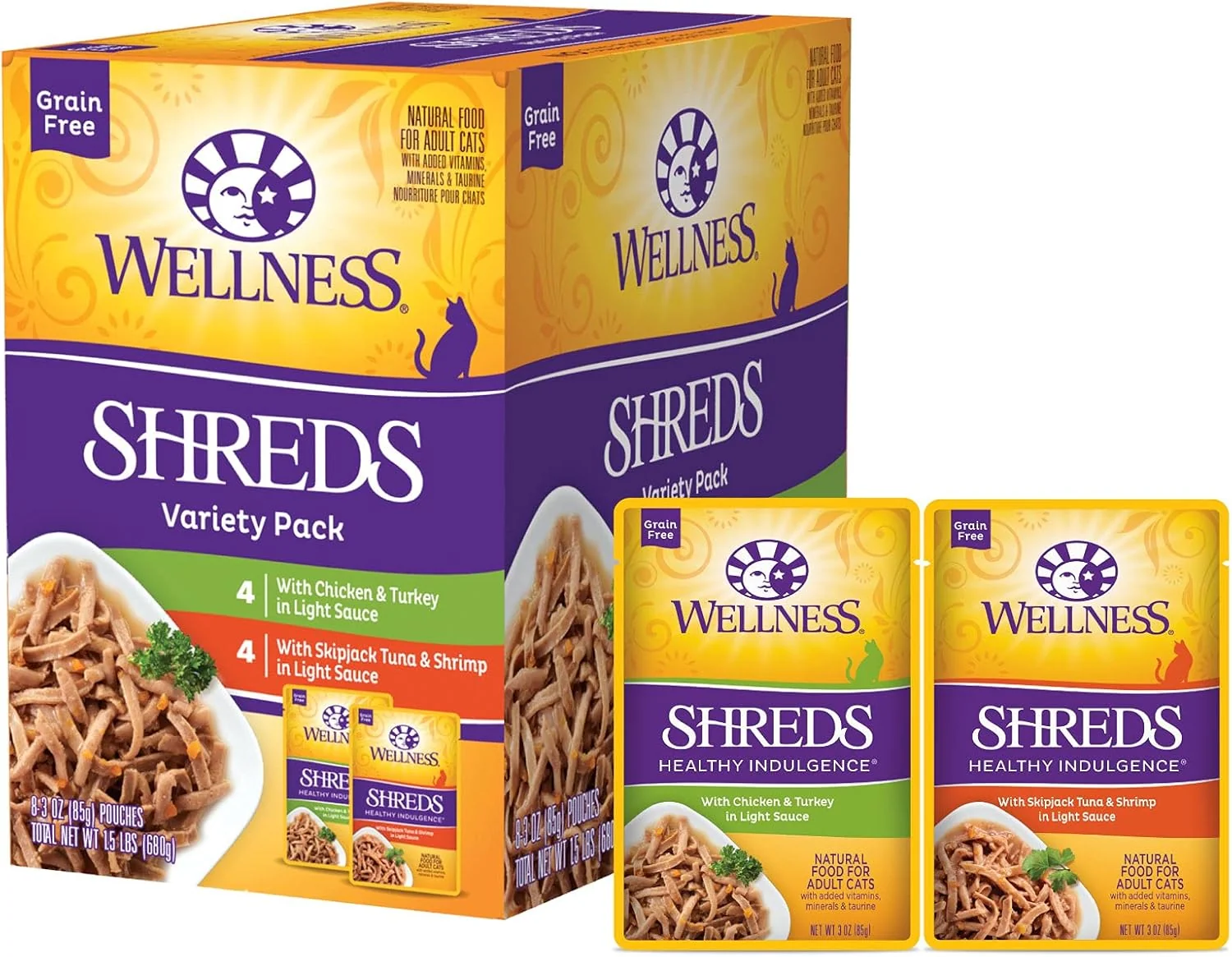 Versatile Wellness Healthy Indulgence Shreds Adult Wet Cat Food Natural Protein-Rich Grain 3 Ounce Pouch 8 Pack Shreds Variety Pack High-Quality