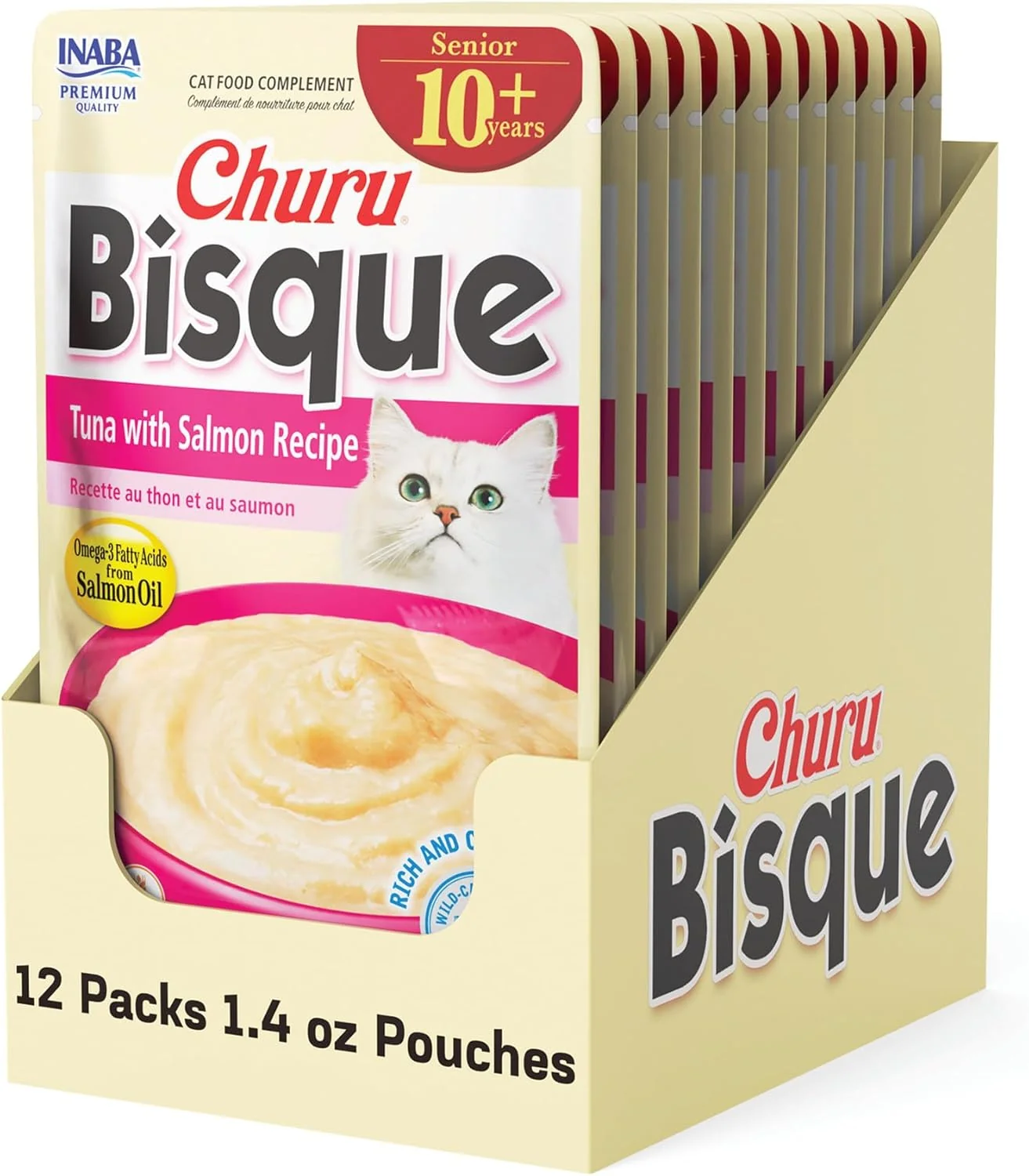 Smooth INABA Churu Bisque for Cats Senior 10 Creamy Purée Side Dish Pouch 1.4 Ounces per Pouch 12 Pouches Total Tuna with Salmon Recipe Modern