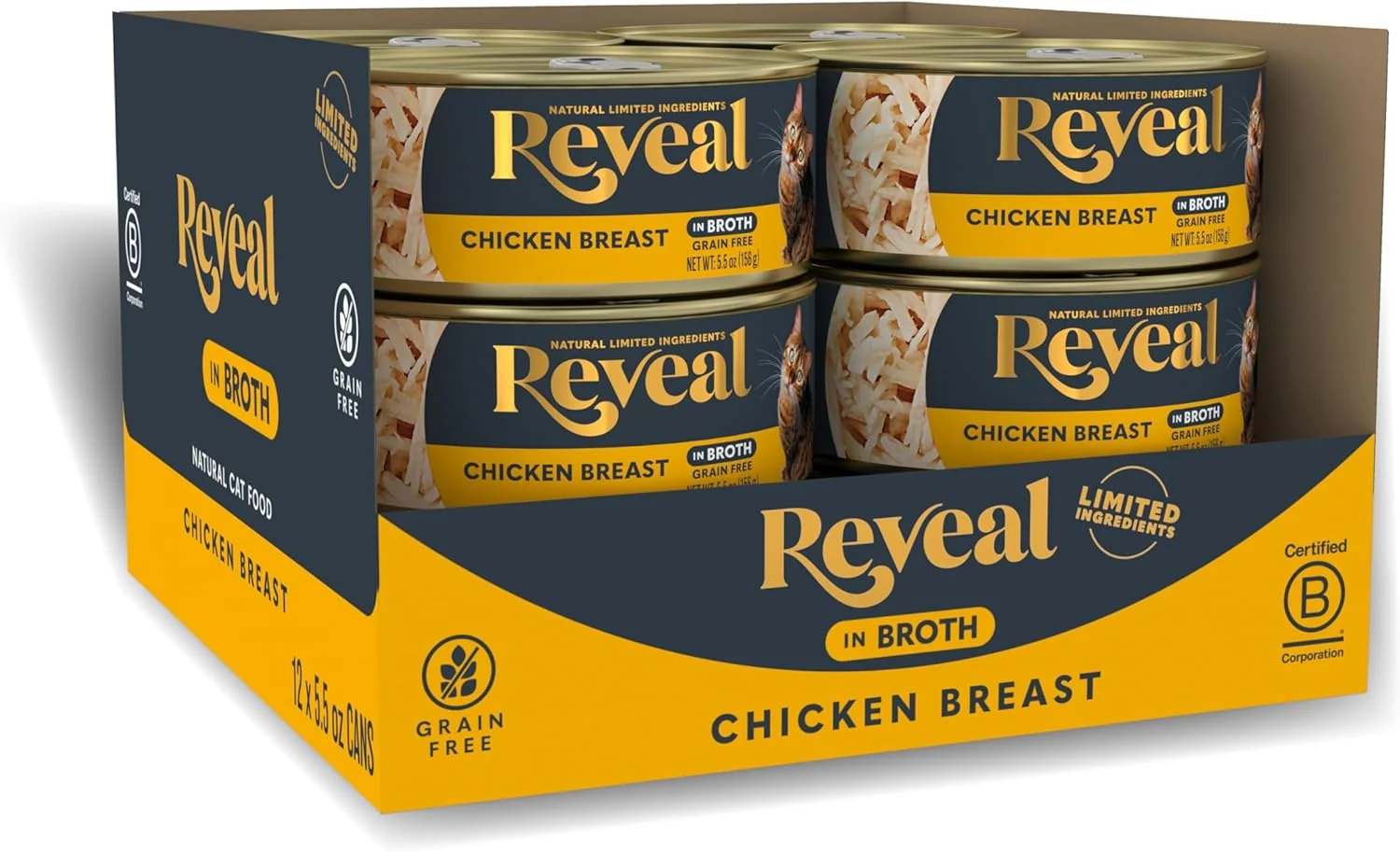 Certified Reveal Natural Wet Cat Food 12 Count Grain Limited Ingredient Canned Food for Cats Chicken Breast in Broth 5.5 oz Cans Expertly Made