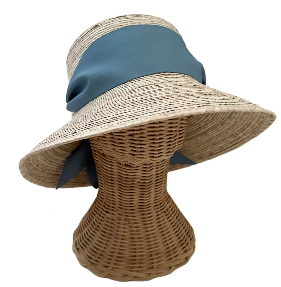 Sustainable Clematis Bucket Hat - French Blue Wide Short Grosgrain Ribbon Green