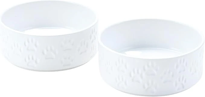 Soft SPUNKYJUNKY Ceramic Dog Bowls 2 Pack 7.3'' Dog Food Water Double Feeding Bowls Non-Slip for Medium to Large Sized Breed Microwave Dishwasher Safe - 42 OZ 2pcs Paw WhiteAbout ThisOverview Functional