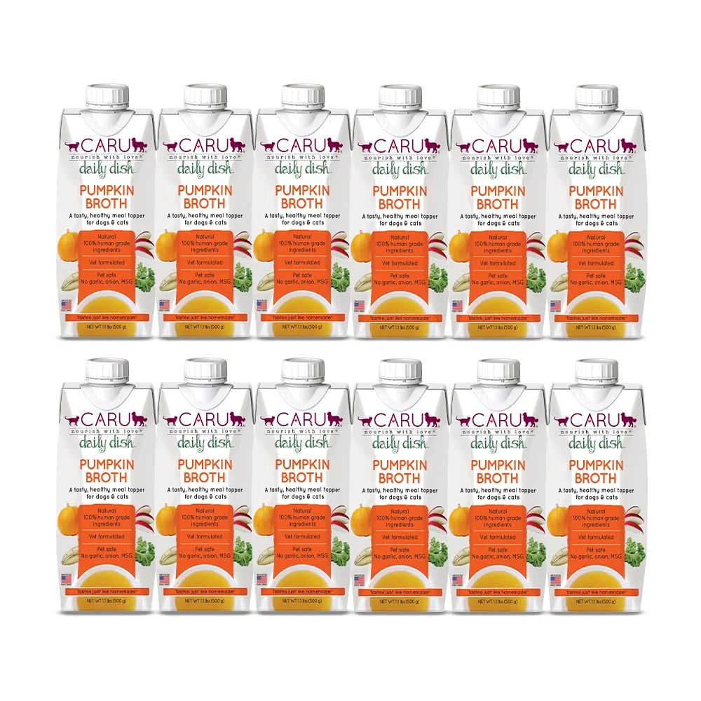 Unique Caru Daily Dish Pumpkin Broth Topper for Dogs Cats Savory Pour-Over 1.1 lb Each 12-Pack Green