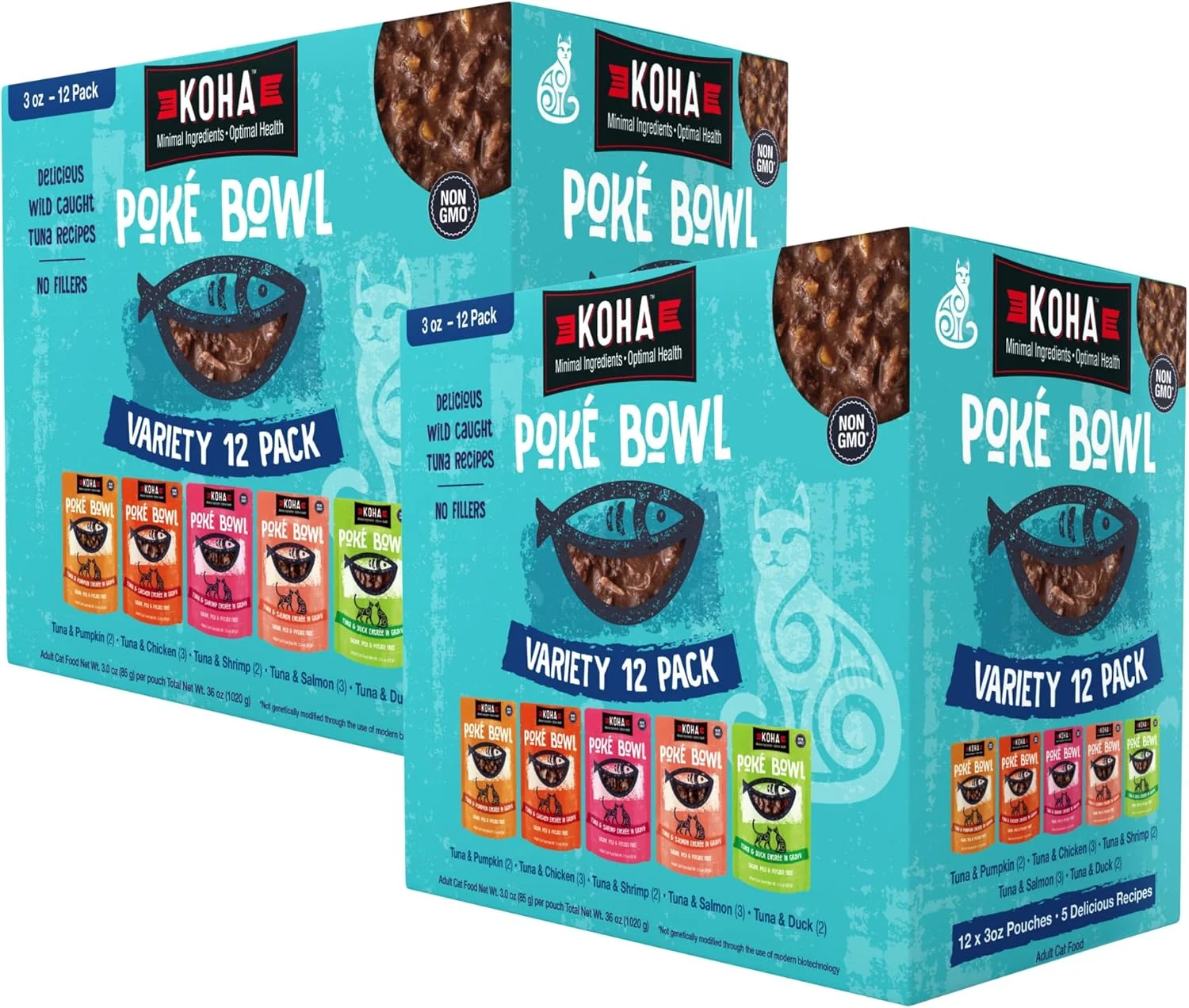 Soft KOHA Pet Food Poké Bowl Cat Variety Pack Wet Cat Food in Gravy - 5 Flavors - Tuna Combinations of Salmon Chicken Duck Shrimp and More - 3 oz Pouches Pack of 24 Fine
