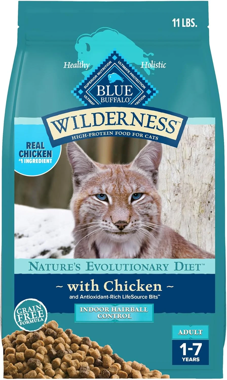 Authentic Blue Buffalo Wilderness High-Protein Grain- Natural Dry Food for Adult Cats Indoor Hairball Control Chicken 11-lb. Bag Quality