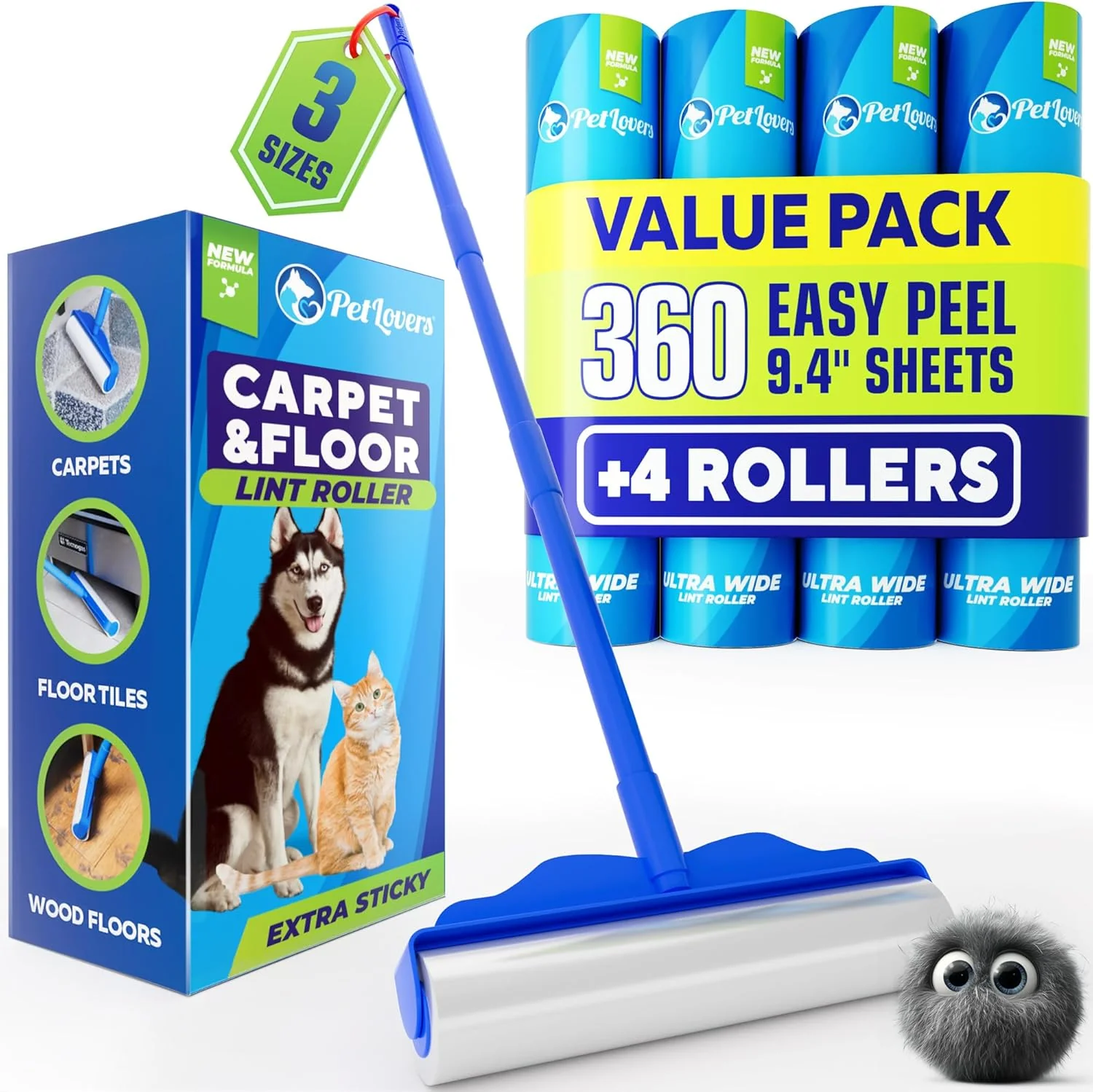 Eco-Friendly PetLovers Large Lint Roller with 3 Refills – 360 Total Sheets for Tackling Pet Hair Extra Large Floor and Carpet Roller for Homes with Pets for Floors Furniture and Loving Pet Owners Unique