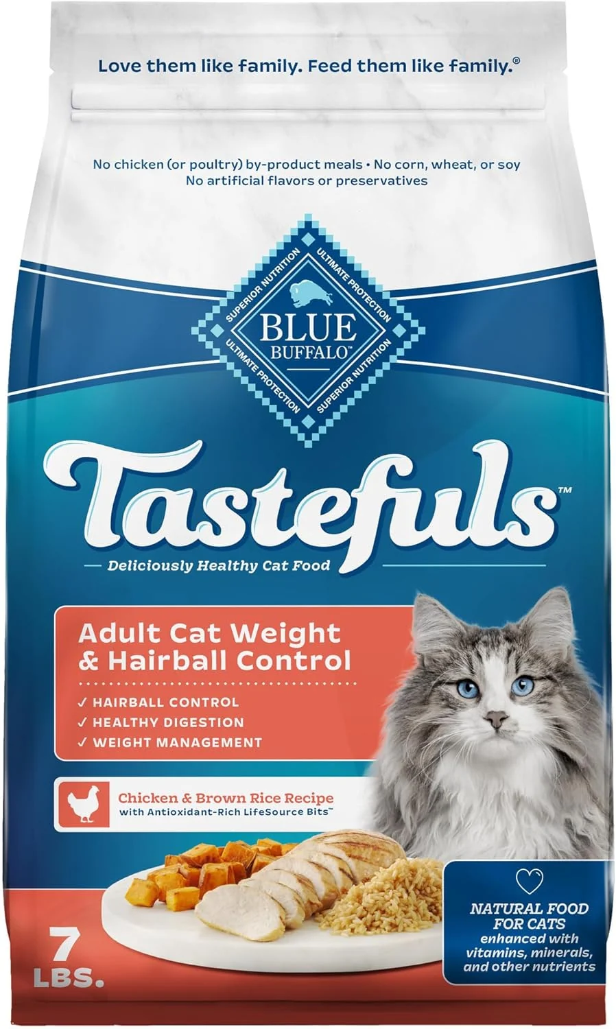 Classic Blue Buffalo Tastefuls Adult Dry Cat Food for Weight Management Hairball Control Made in the USA with Natural Ingredients Chicken Recipe 7-lb Bag Healthy