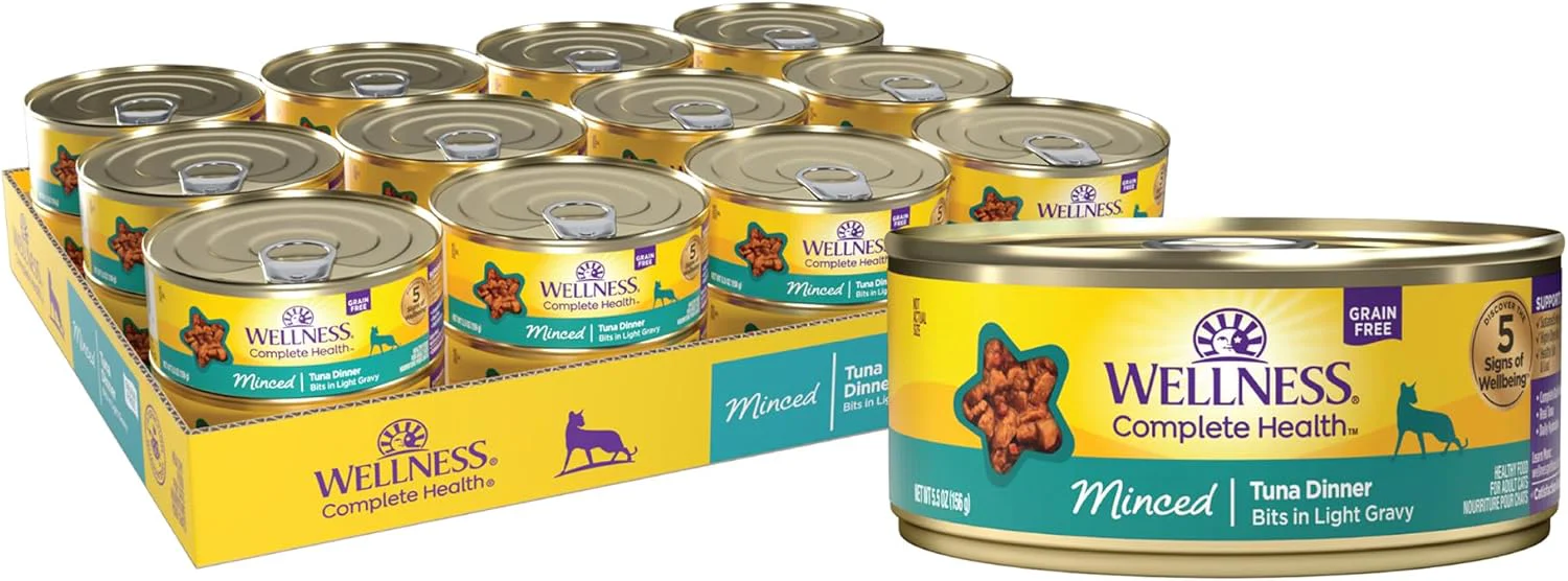 User-Friendly Wellness Complete Health Minced Adult Wet Cat Food Natural Protein-Rich Grain 5.5 Ounce 24 Pack Tuna Entrée Fast