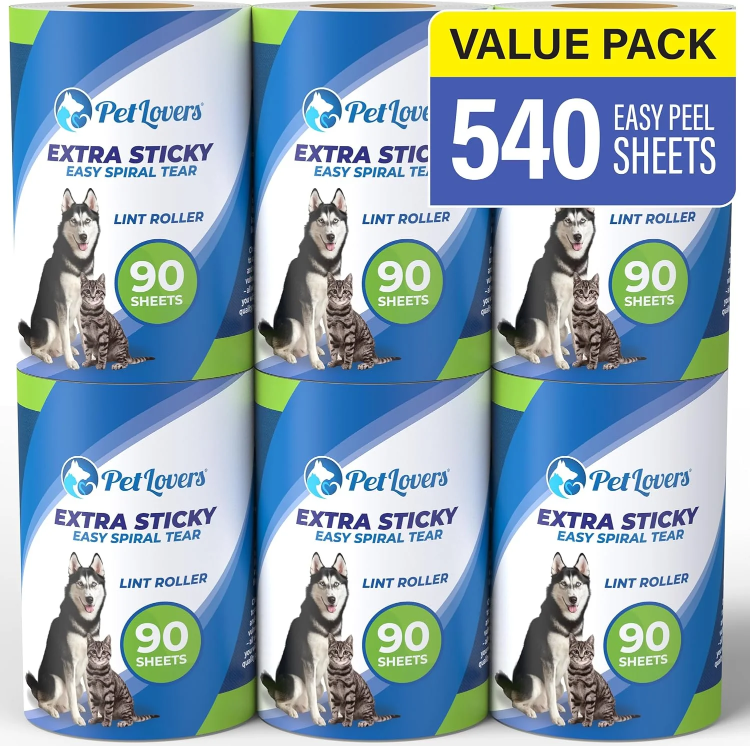 Efficient PetLovers Extra Sticky Lint Roller 6 Pack of Refills Only - No Handle Included - 90 Sheets Per Refill 540 Sheets Total Long-Lasting