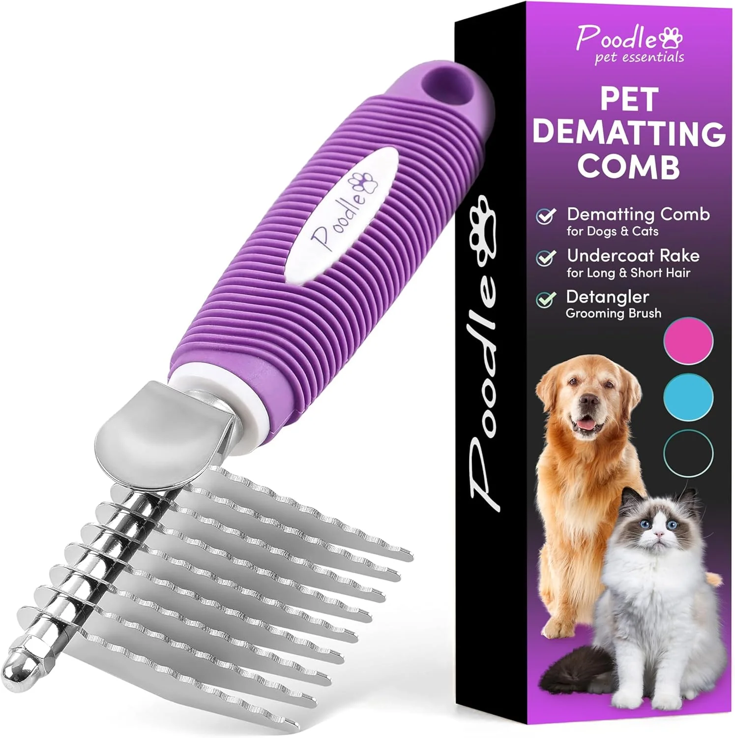 Fashionable Poodle Dematting Fur Rake Comb Brush for Dogs and Cats - Long 2.5 Steel Safety Blades Metal Comb for Detangling Matted or Knotted Undercoat Hair Reusable