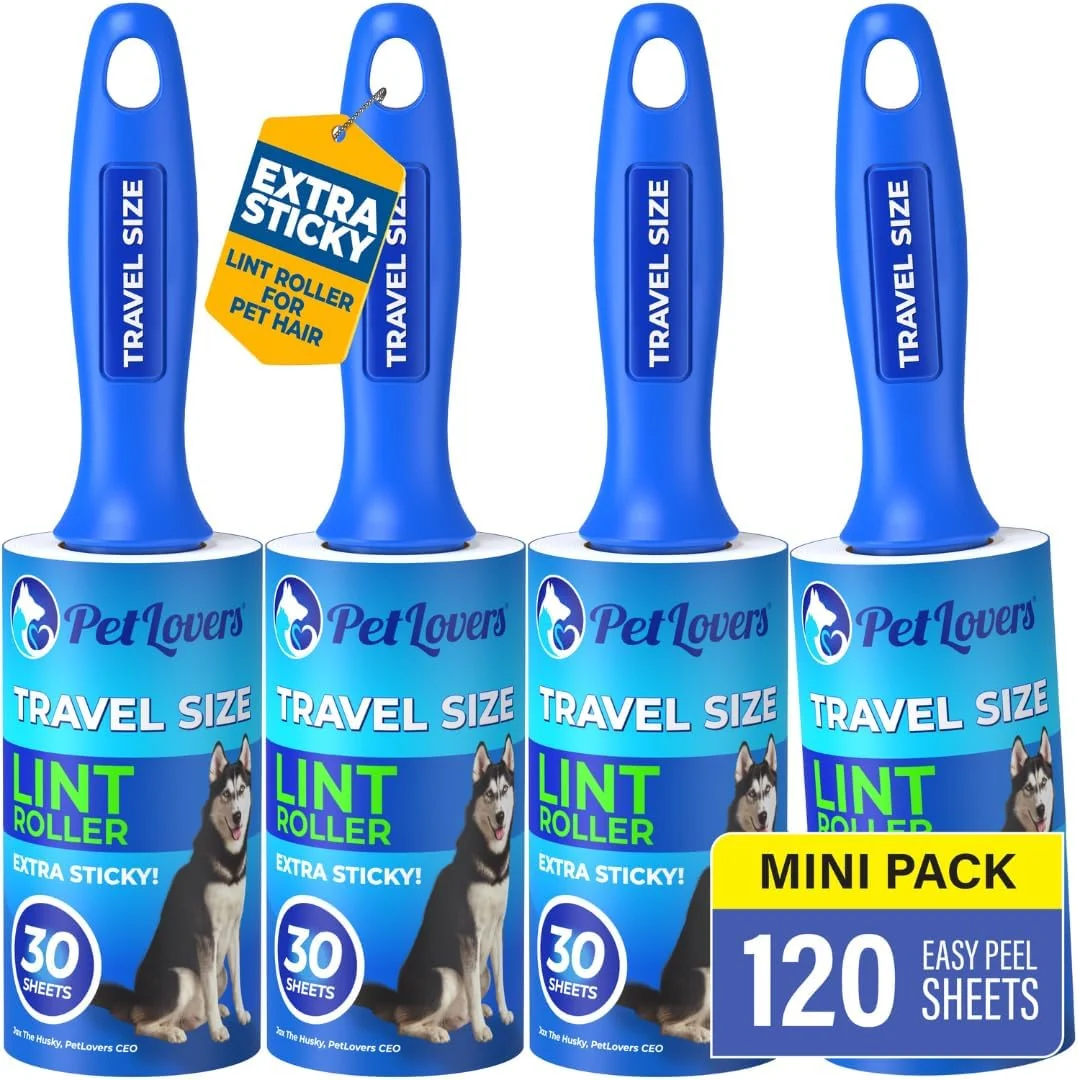 First-Class PetLovers Extra Sticky Lint Roller Mega Value Set for Pet Hair Removal and Clothes Dog and Cat Lint Remover Blue 4 Pack Mini Official