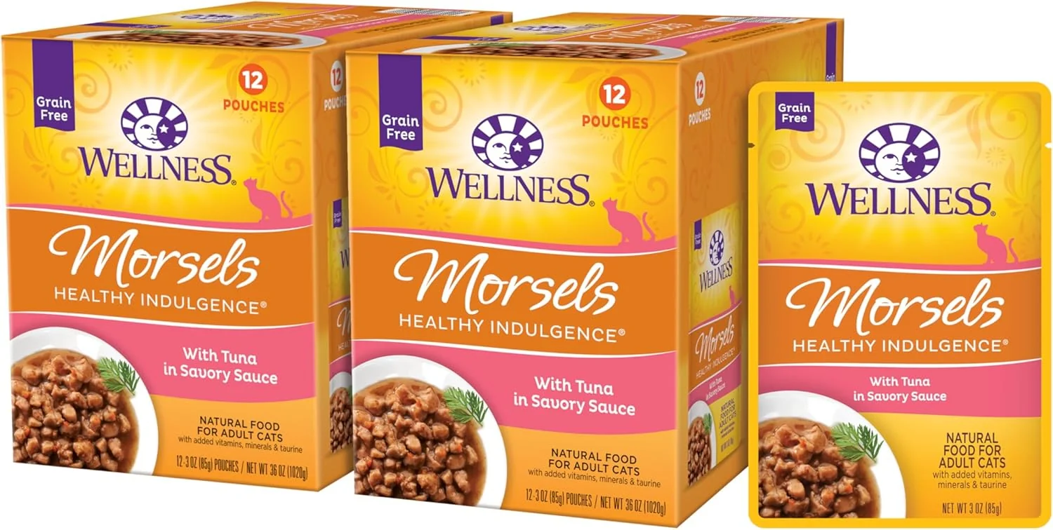Dependable Wellness Healthly Indulgence Morsels Adult Wet Cat Food Natural Protein-Rich Grain 3 Ounce Pouch 24 Pack Tuna Luxury