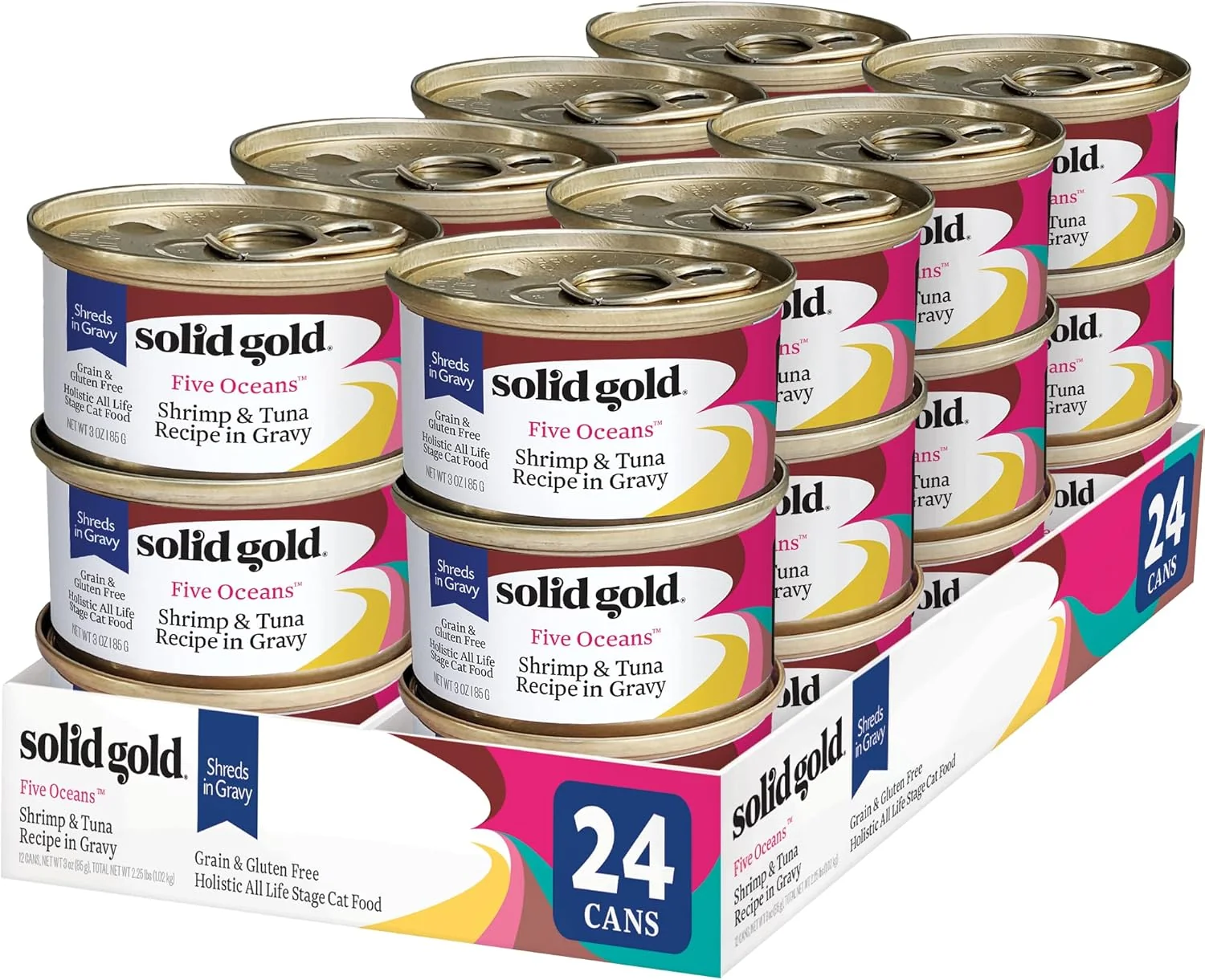 Environmentally Friendly Solid Gold Wet Cat Food Shreds in Gravy - Healthy Canned Cat Food Made w Tuna Shrimp Vitamins Minerals Taurine - Grain Gluten Canned Meals for Cats Kittens - 24ct 3oz Can User-Friendly