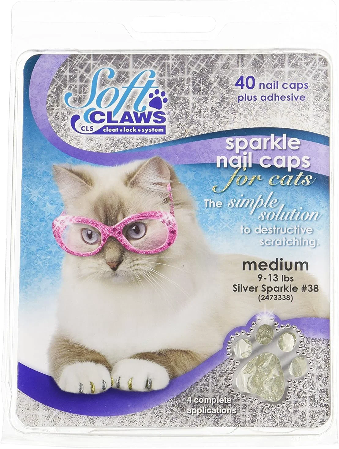 Trendy Soft Claws Nail Caps for Cats with Cleat Lock System - 40-Pack Cat Claw Caps for 4-6 Weeks of Protection - Long-Lasting Cat Scratch Deterrent for Furniture - Silver Sparkle Medium Quality