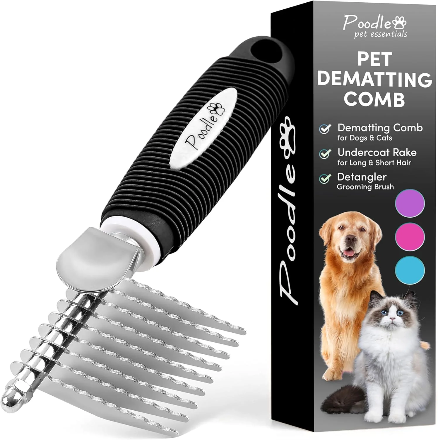 Modern Poodle Dematting Fur Rake Comb Brush for Dogs and Cats - Long 2.5 Steel Safety Blades Metal Comb for Detangling Matted or Knotted Undercoat Hair Authentic