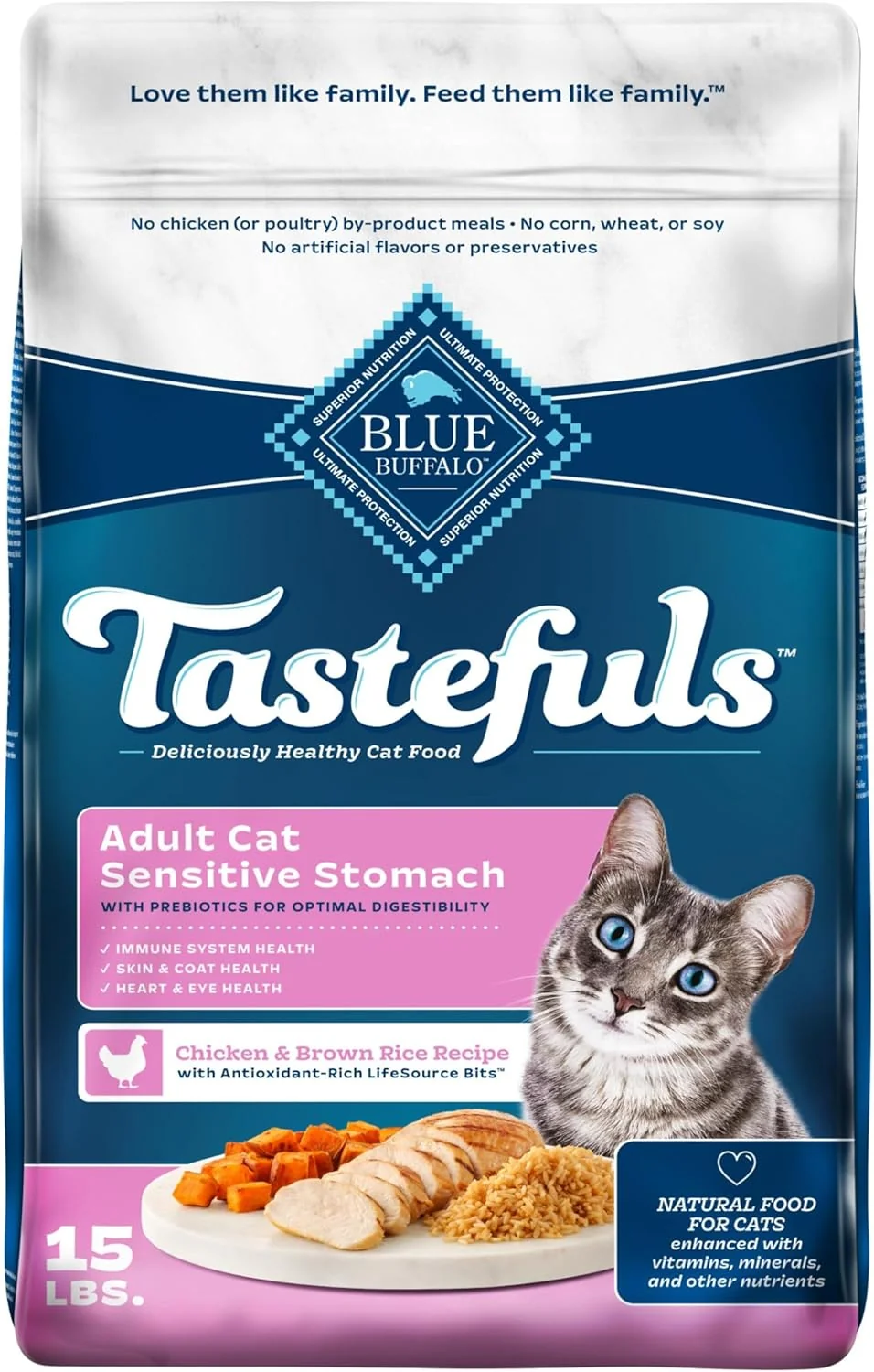 Fine Crafted Blue Buffalo Tastefuls Natural Dry Food for Adult Cats Sensitive Stomach Chicken Brown Rice Recipe 15-lb Bag Contemporary