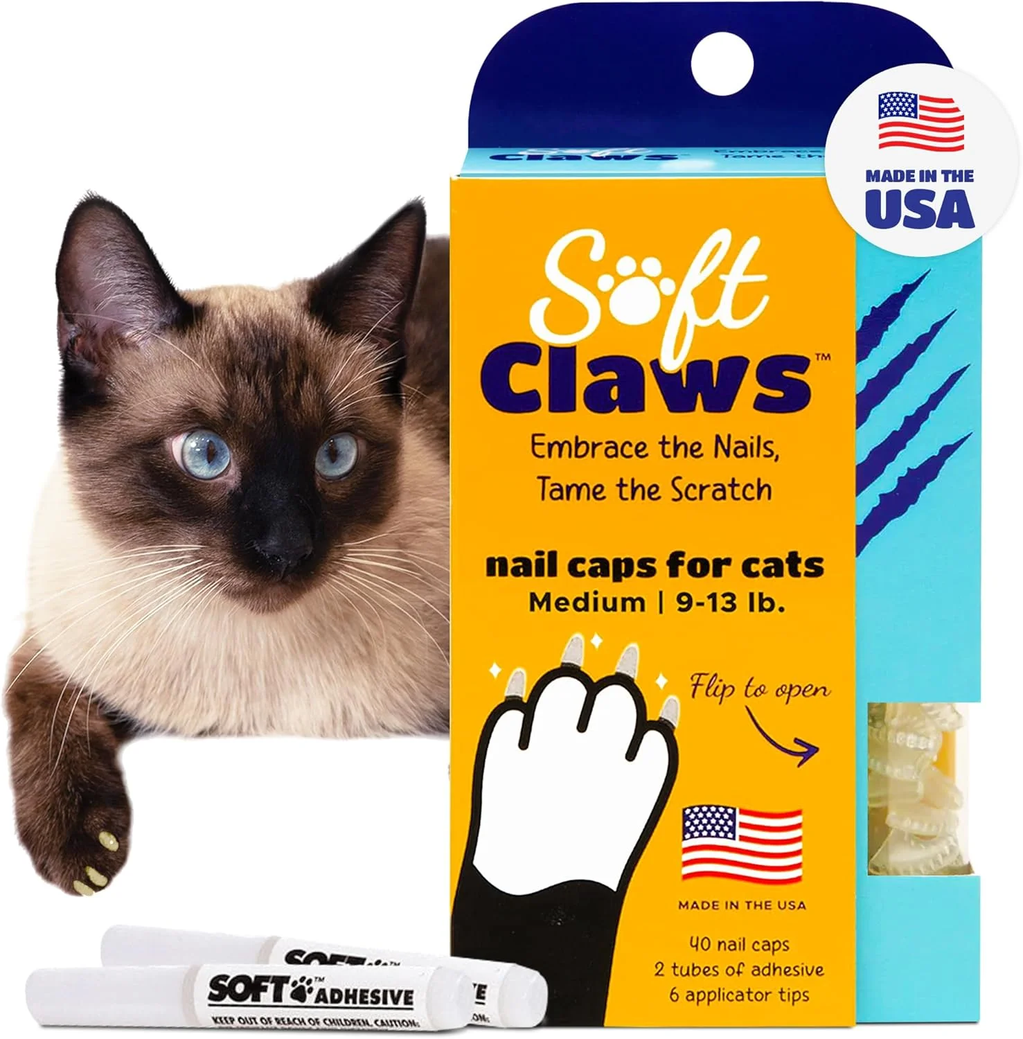 Authentic Soft Claws Cat Nail Caps for Medium Cats – 40 Caps Clear - Made in USA - Veterinarian-Developed Protects Furniture Skin - Easy to Apply Long-Lasting Anti-Scratch Soft Cat Claw Covers Elite