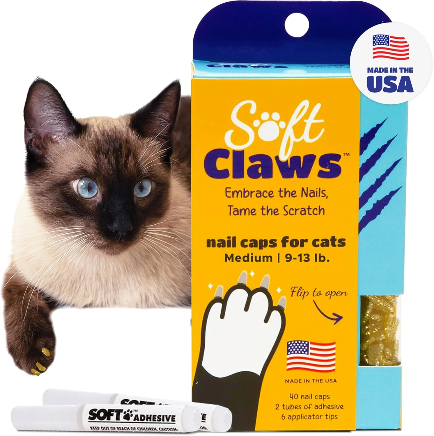 Enhanced Soft Claws Cat Nail Caps for Medium Cats – 40 Caps Gold Sparkle - Made in USA - Veterinarian-Developed Protects Furniture Skin - Easy to Apply Long-Lasting Anti-Scratch Soft Cat Claw Covers Advanced