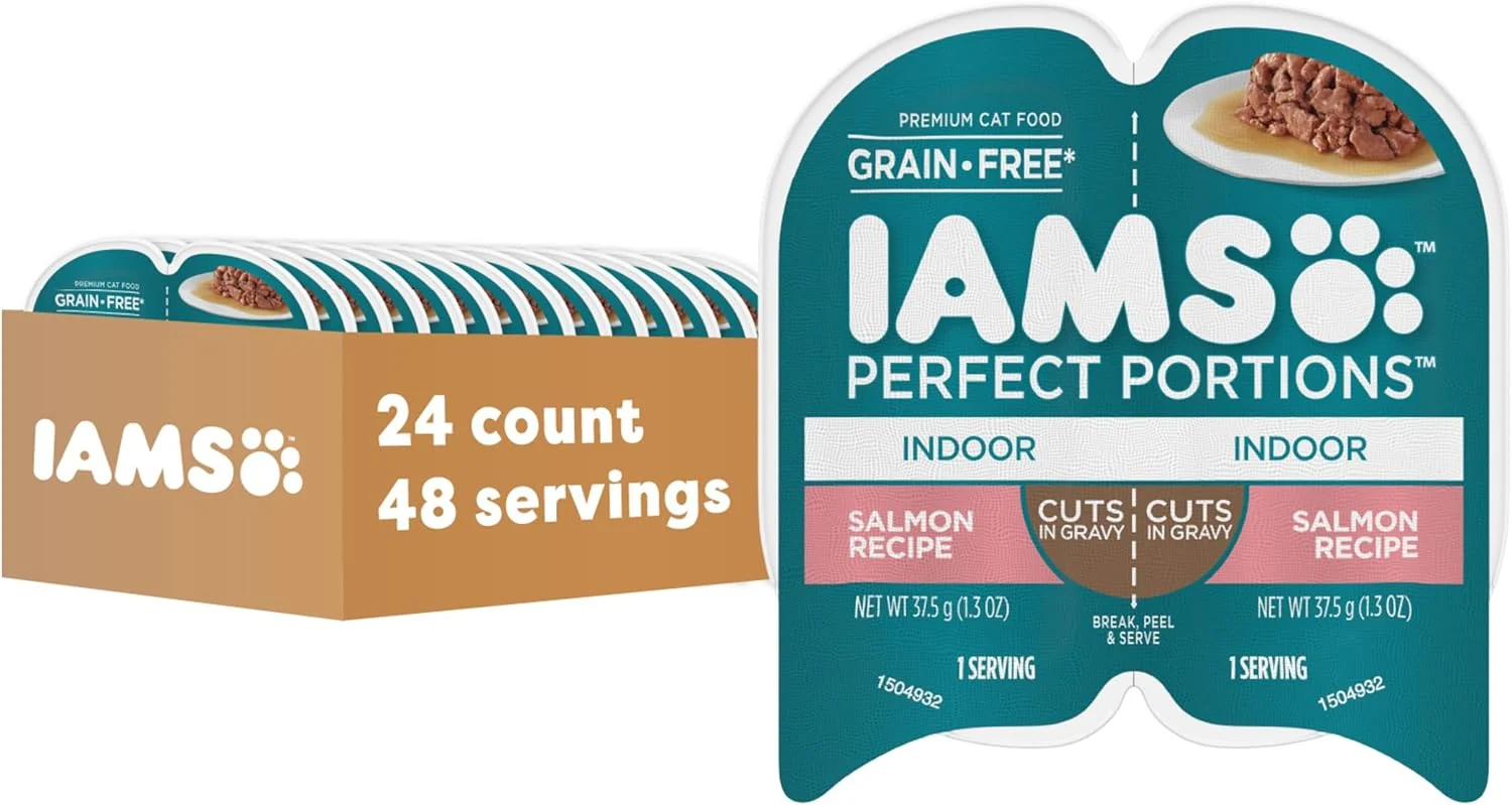 Consistent IAMS Portions Indoor Adult Wet Cat Food Cuts in Gravy Salmon Recipe 2.6 oz. Easy Peel Twin-Pack Trays 24 Count 48 Servings High-Quality