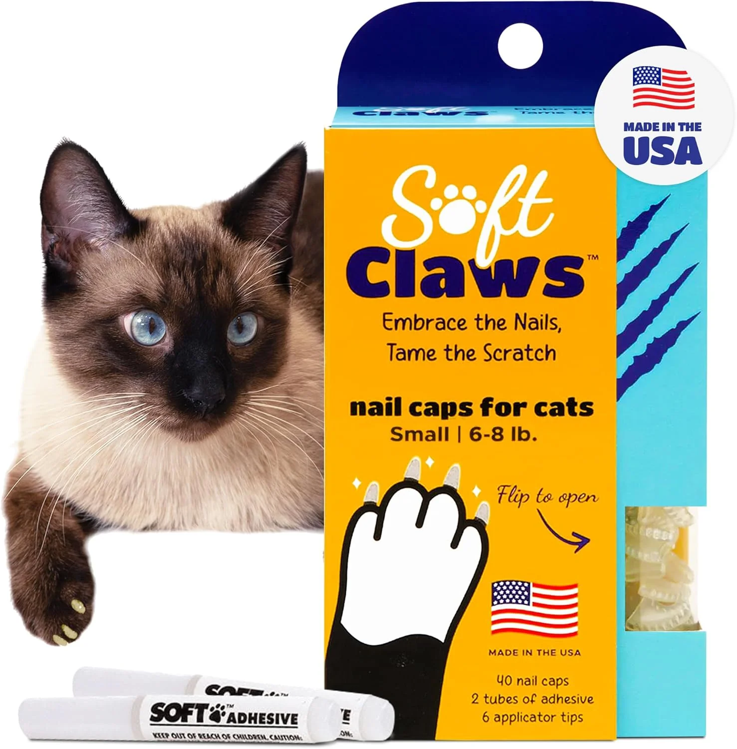 Consistent Soft Claws Cat Nail Caps for Small Cats – 40 Caps Clear - Made in USA - Veterinarian-Developed Protects Furniture Skin - Easy to Apply Long-Lasting Anti-Scratch Soft Cat Claw Covers Elegant