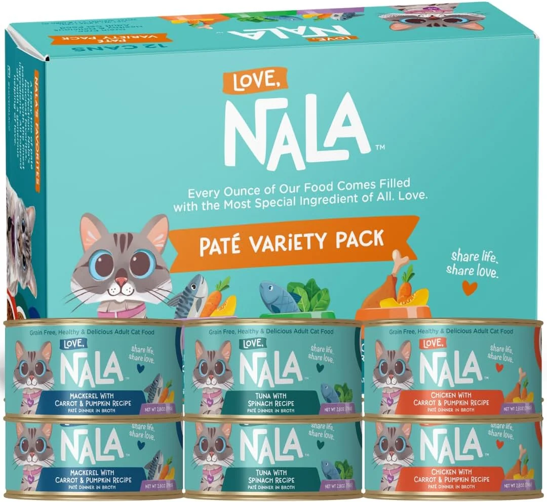 Breathable LOVE NALA - Natural Adult Cat Wet Food - Pate Variety Pack - Tuna Chicken Mackerel - Grain Non-GMO Fiber Blend Minerals Vitamins - 12 Pack 2.1 lbs. Verified