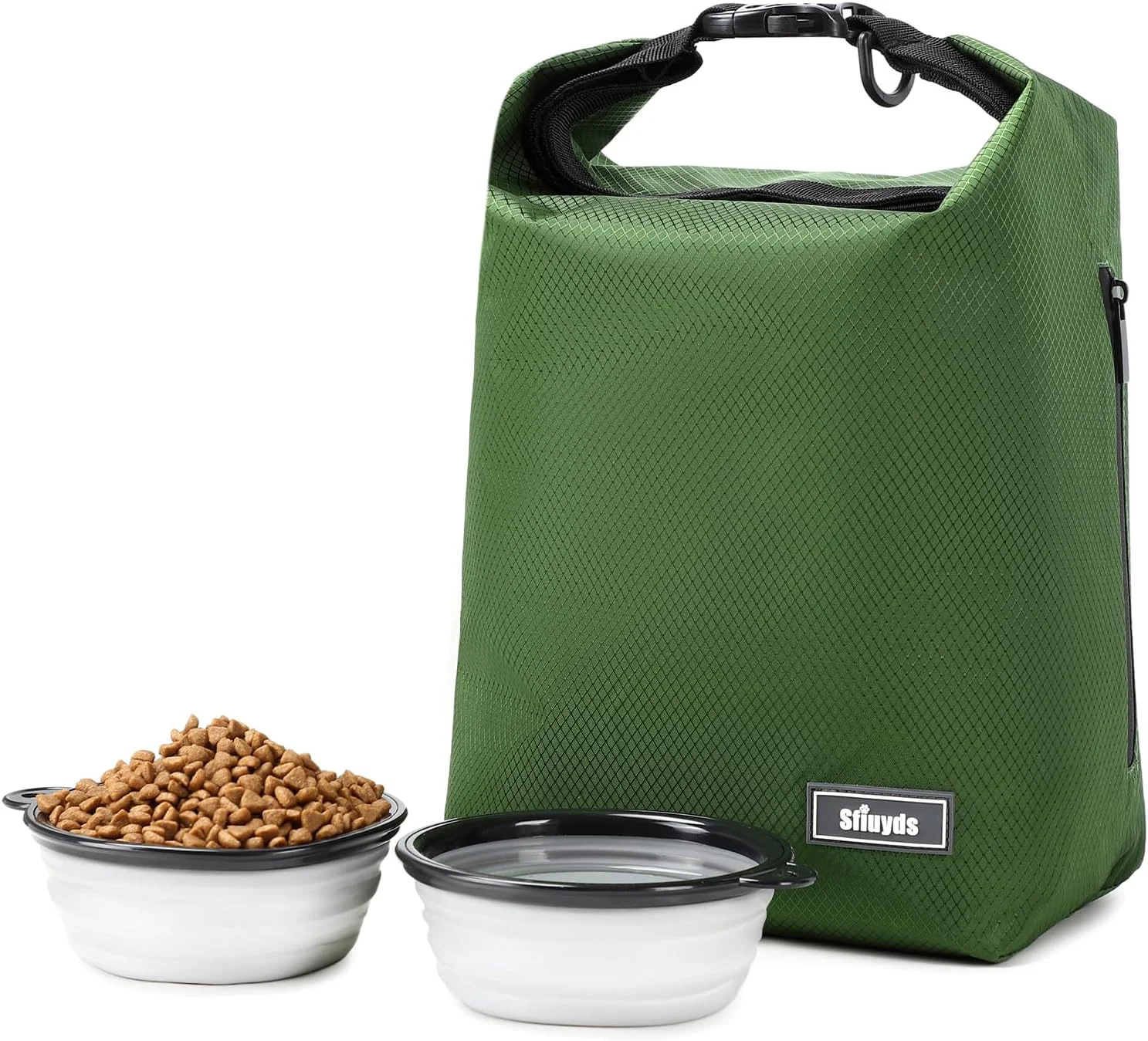 Sustainable Dog Food Travel Bag Pet Food Container 20 lb w 2PCS Collapsible Dog Travel Bowls and Zipper Side Pocket Green Large Relaxed