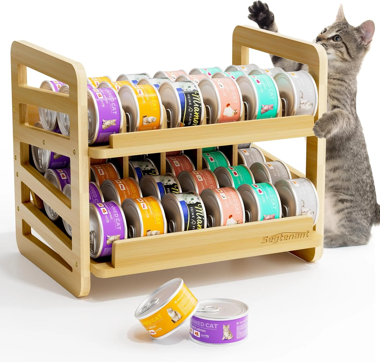 Durable Rolling Bamboo Cat Food Can Organizer 2-Layer Wet Cat Food Storage Container Holds 42 3oz Cans Canned Cat Food Organizer and Storage for Countertop Kitchen Cabinet or Pantry Shelf Versatile
