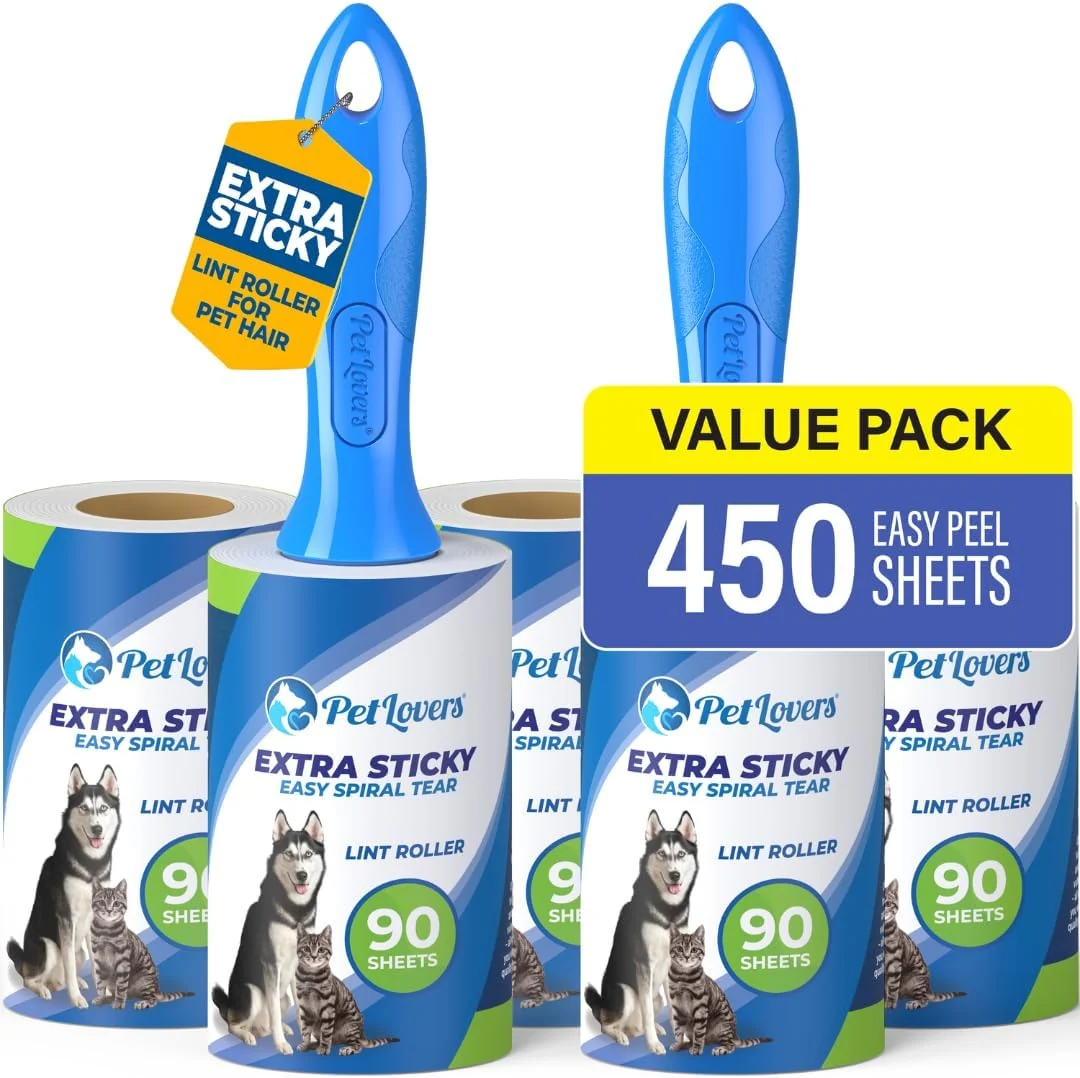 Premium Material PetLovers Extra Sticky Lint Roller Mega Value Set 450 Sheets for Pet Hair Removal and Clothes Dog and Cat Lint Remover 5 Pack Environmentally Friendly