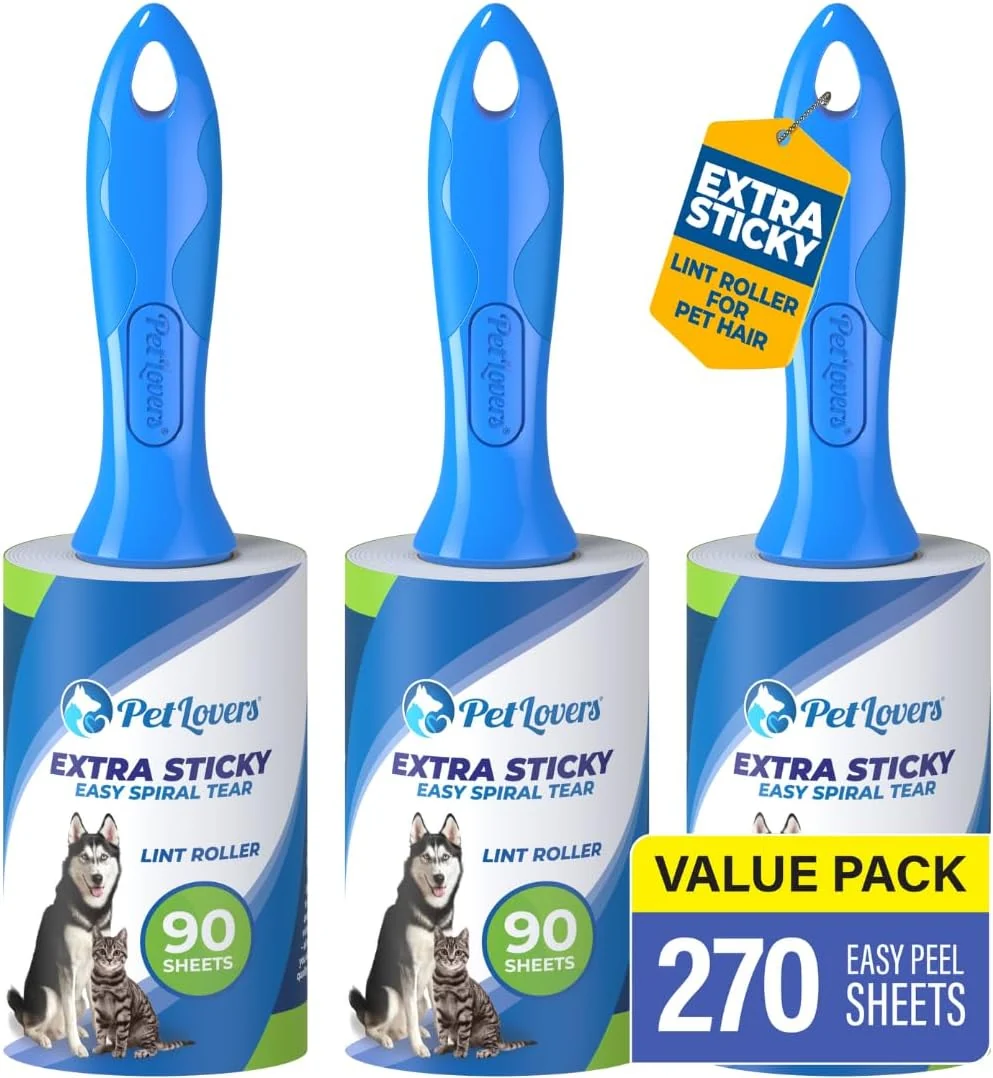 Responsible PetLovers Extra Sticky Lint Roller Value Set 270 Sheets for Pet Hair Removal and Clothes Dog and Cat Lint Remover 3 Pack Recyclable