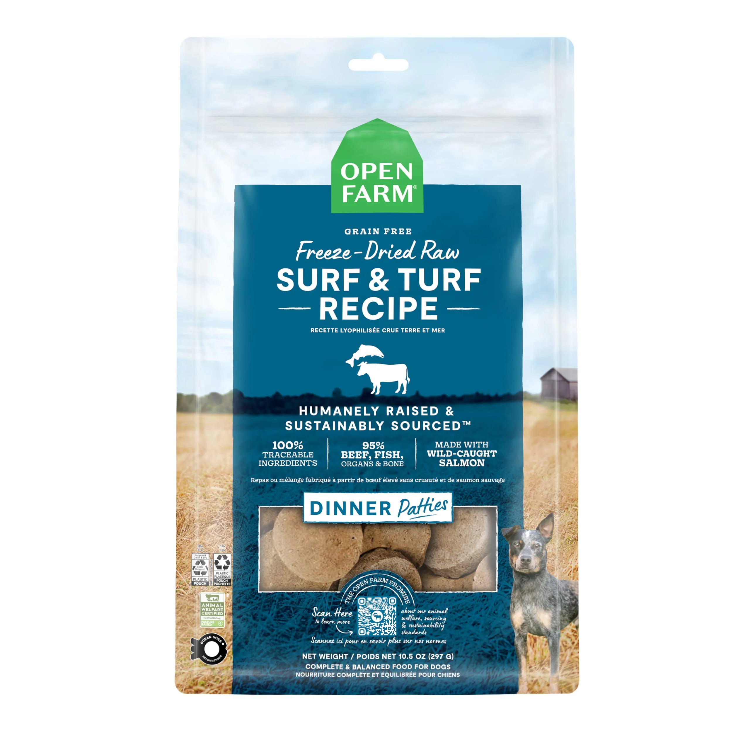 Smooth Open Farm Surf Turf ze-Dried Raw Dog Patties – 95 Meat Organs Bone 17.5oz Lightweight