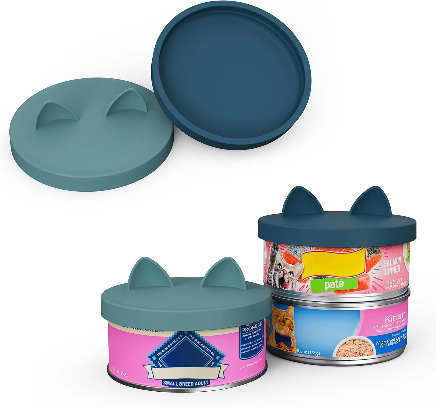 Classic OHMO 2 Pack Pet Food Can Lids 3.3 in 85mm Silicone Pet Food Can Lids Covers for 5.5 oz Cat and Dog Food Cans Dark Light Blue Fine