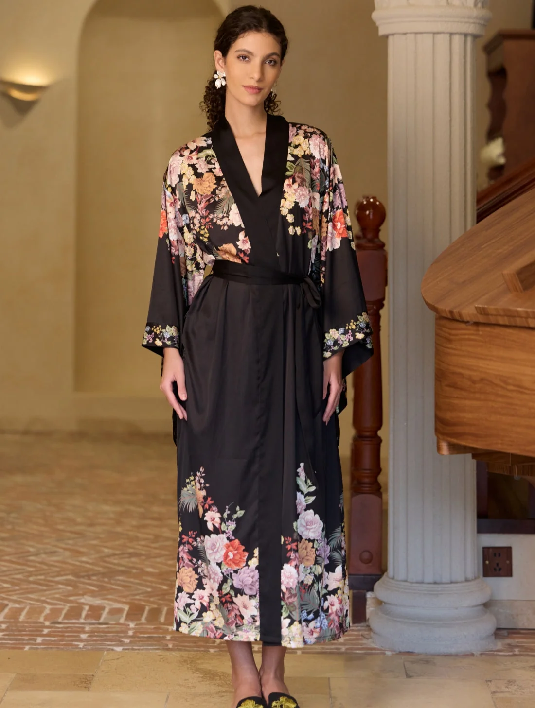 Pure Black Floral Cluster Kimono Robe Specialty