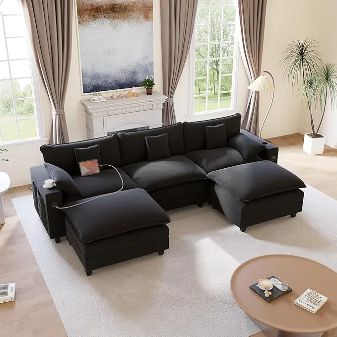Top-Quality 116 Modular Sectional Sofa U Shaped Cloud Couch with Movable Ottoman Chenille Deep Seat Cloud Sofa with Charging Station Cup Holder Side Pocket Sectional Couches for Living Room BlackAbout ThisOverview High-Grade