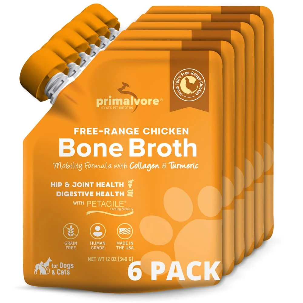 Selected Primalvore -Range Bone Broth for Dogs Cats — Mobility Formula with Collagen USA-Made Chicken 6 Pack Premium