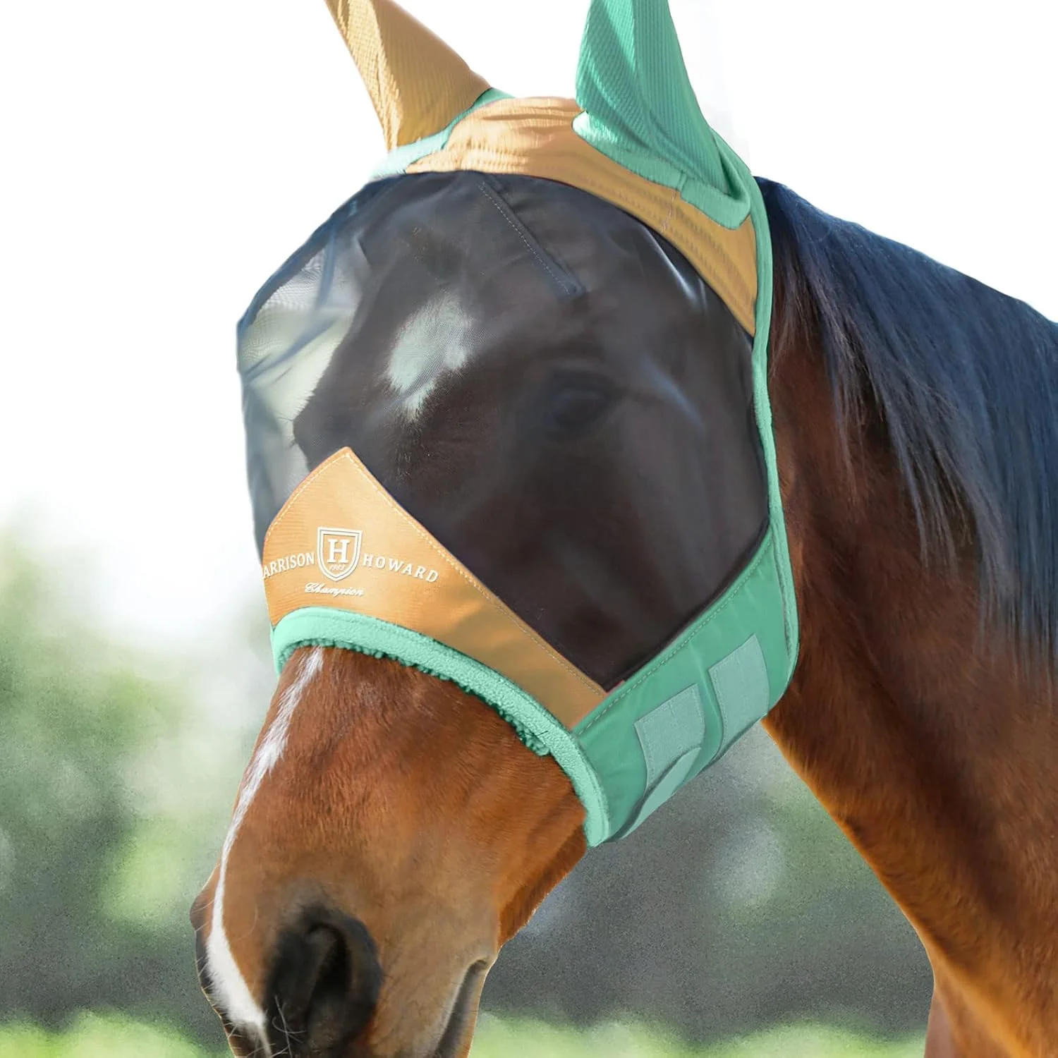Superior Harrison Howard Pro Luminous Horse Fly Mask Standard with Ears UV Protection for Horse Champagne Gold Mint Medium Cob Minimalist