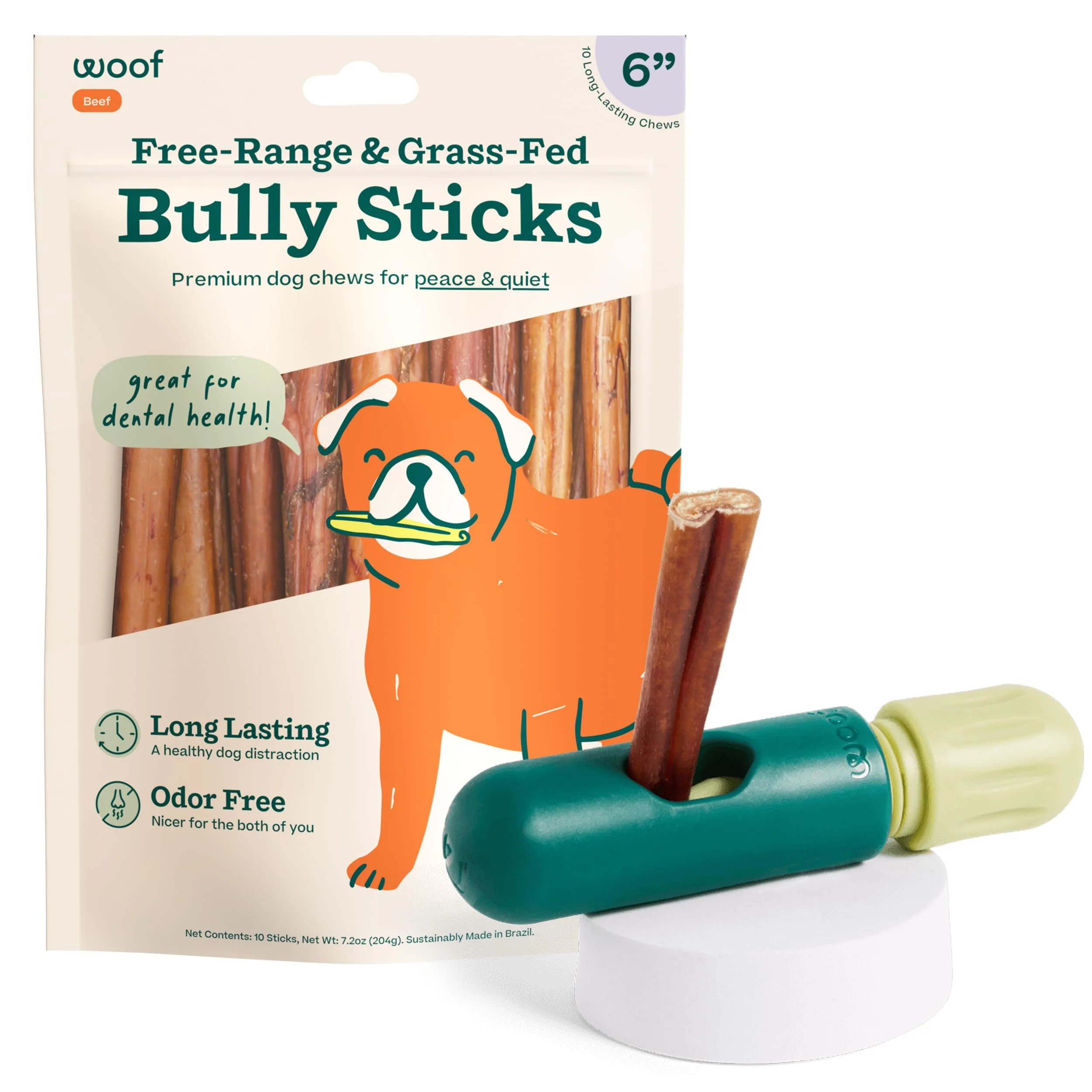 WOOF BullySafe Bully Sticks – 6-Inch Chews 10 Pack with Safe Holder Lightweight