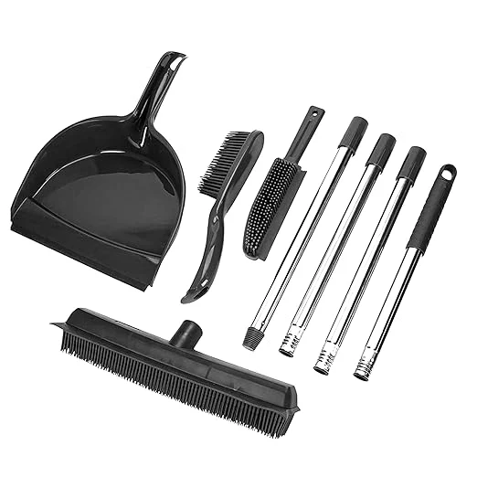 Convenient OVENTE Carpet Rake Rubber Broom for Pet Hair Removal with Squeegee Detailing Lint Fur Remover Brush Dustpan and 50 Handle Cleaning Tools Set for Rug Hardwood Floor Tile and Window Grey CT2504GYAbout ThisOverview Fast