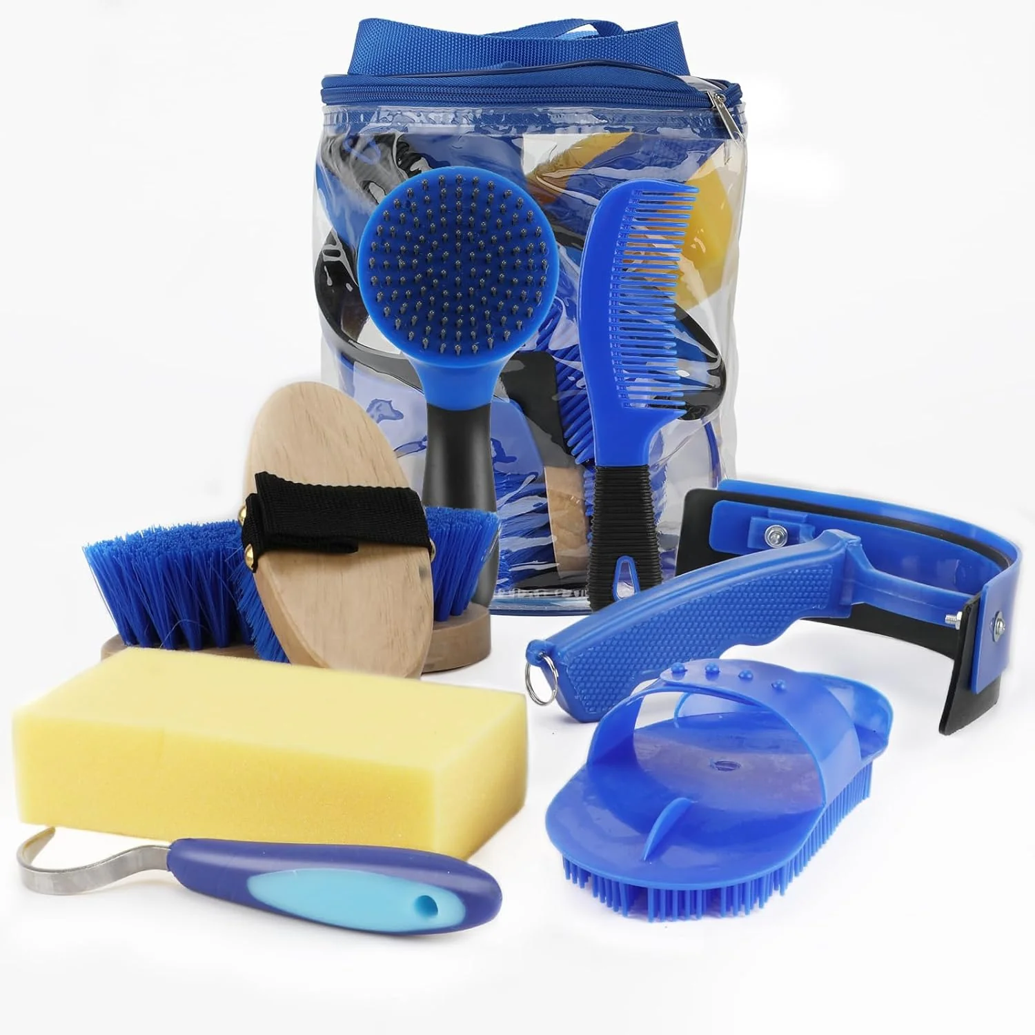 Healthy 9 Pieces Grooming Kit with Tote Bag - Horse Brush Set Sweat Scraper Sponge Hoof Pick Curry Comb for Riders and Beginners Blue Easy-to-Use