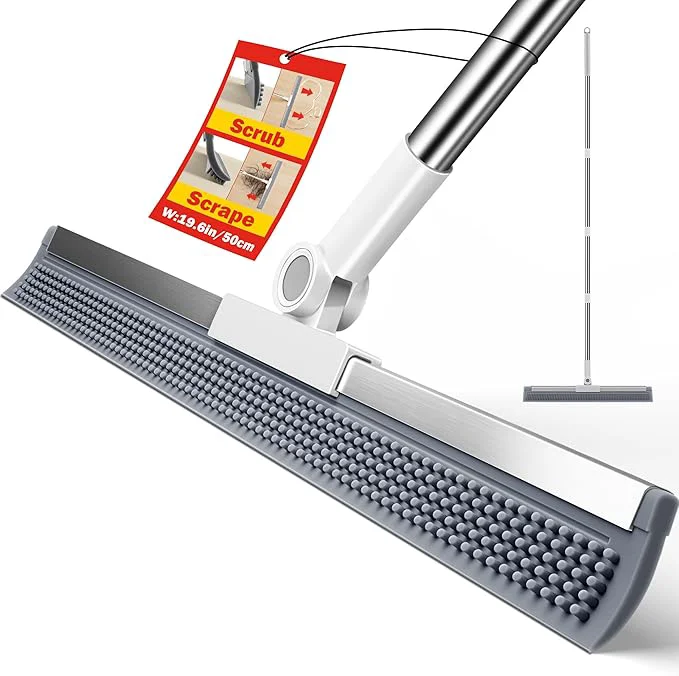 Reliable Floor Squeegee for Concrete Floors 180° Rotating Silicone Broom Squeegee for Floor with Long Handle and Dual-Sided Blade Design Water and Pet Hair Remover for Bathroom Floors Tile Deck and GlassAbout ThisOverview Crafted